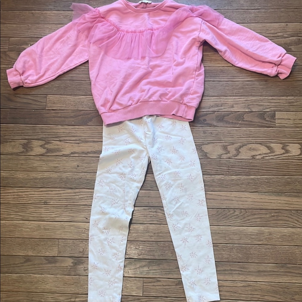 Pink Ruffled Top and White Patterned Leggings Set